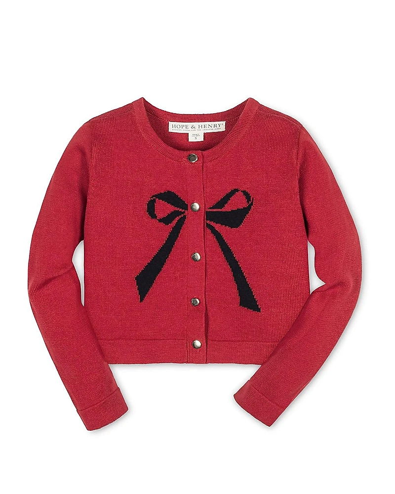 Hope & Henry Girls' Organic Bow Intarsia Sweater Cardigan - Little Kid, Big Kid