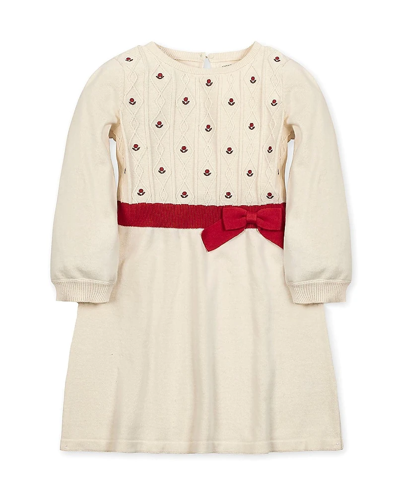 Hope & Henry Girls' Organic Embroidered Skater Sweater Dress with Bow - Little Kid, Big Kid