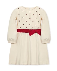 Hope & Henry Girls' Organic Embroidered Skater Sweater Dress with Bow - Little Kid, Big Kid