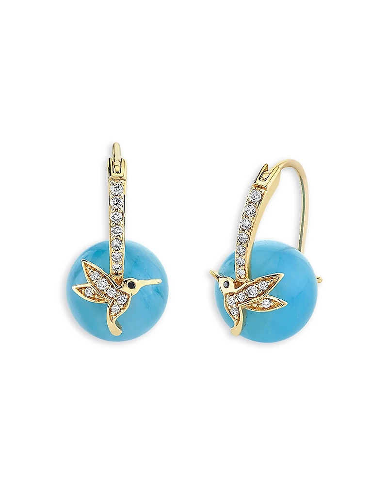 Sydney Evan 14K Yellow Gold Diamond & Aquamarine Hummingbird Beaded Earrings