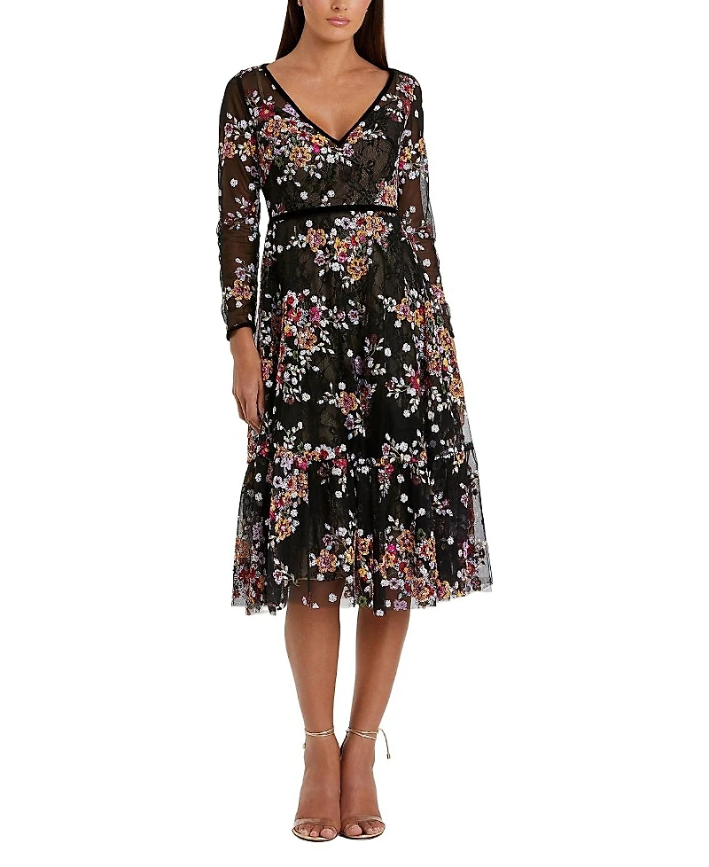Mac Duggal Floral Embroidered Tea Length Dress