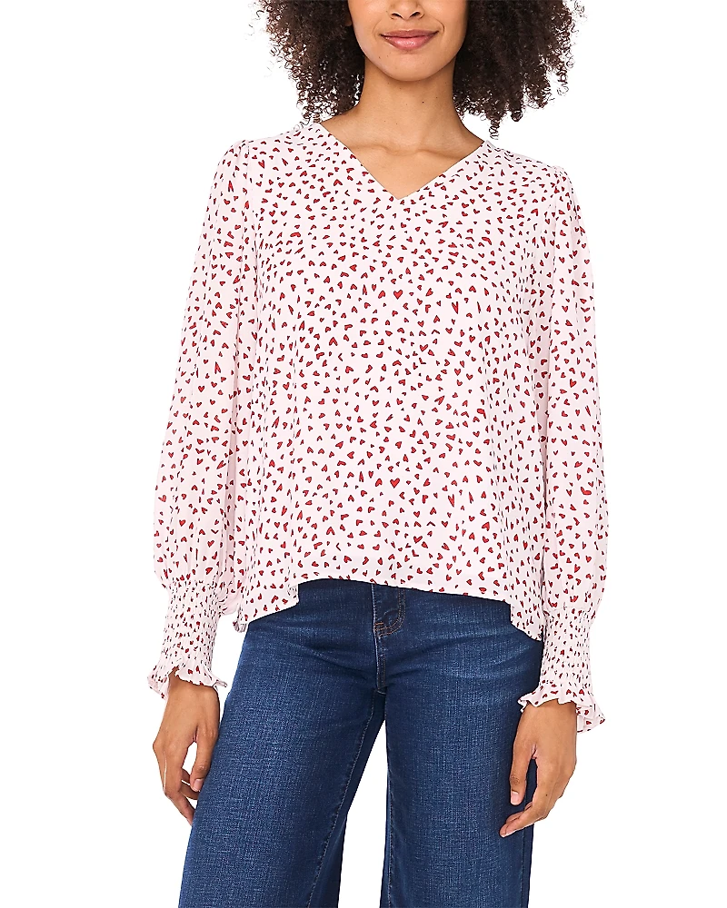 CeCe V-Neck Smocked Cuff Blouse