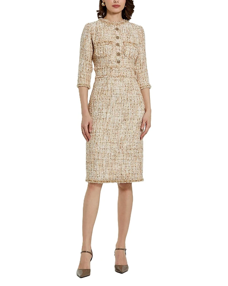 Mac Duggal 3/4 Sleeve Beaded Trim Patch Pocket Midi Dress