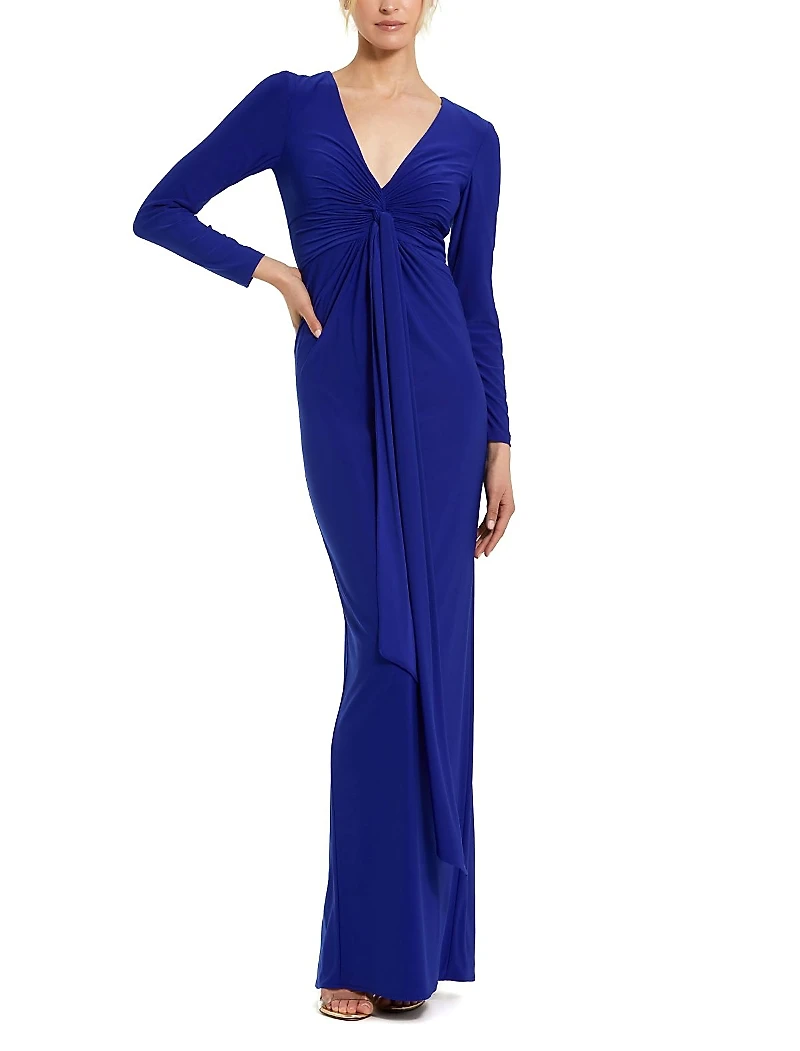 Mac Duggal Long Sleeve Jersey V-Neck Twist Knot Gown