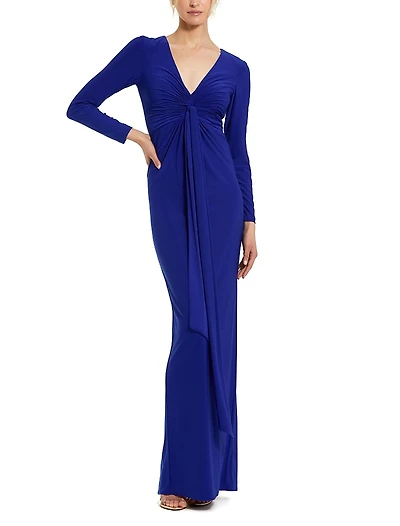 Mac Duggal Long Sleeve Jersey V-Neck Twist Knot Gown