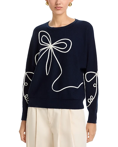 T Tahari Long Sleeved Bow Embroidery Jersey Crewneck Pullover Sweater