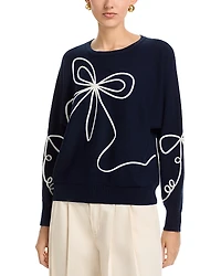 T Tahari Long Sleeved Bow Embroidery Jersey Crewneck Pullover Sweater