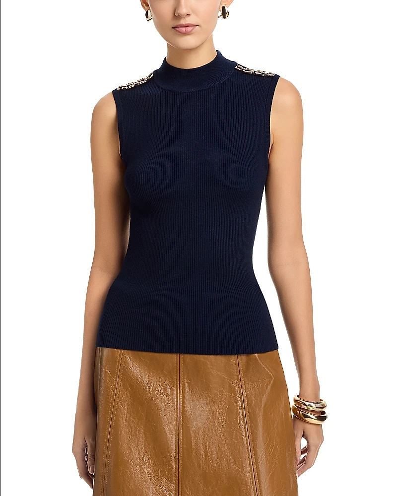 T Tahari Sleeveless Rib Chain Trim Mock Neck Pullover Sweater