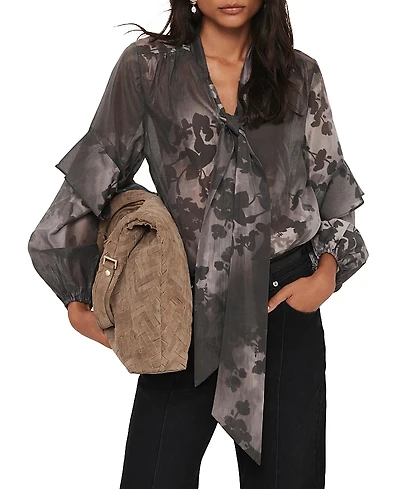 Mint Velvet Women's Floral Tie-Neck Sheer Blouse with Ruffle Sleeves