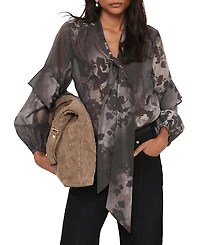Mint Velvet Women's Floral Tie-Neck Sheer Blouse with Ruffle Sleeves