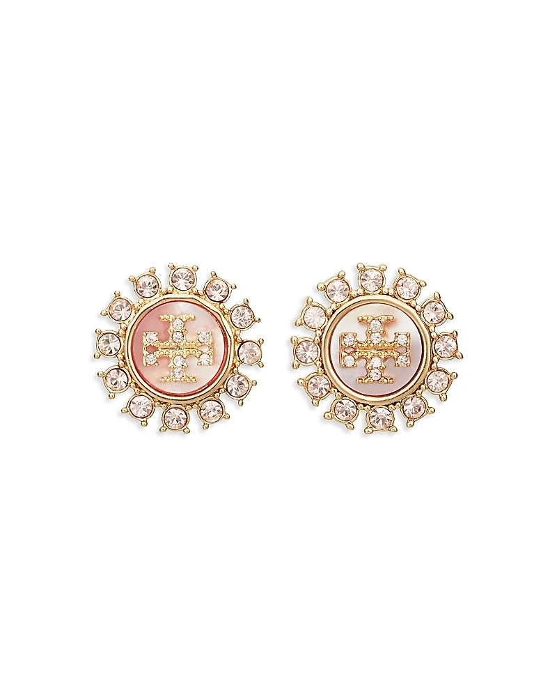 Tory Burch Kira Crystal & Mother Of Pearl Double T Stud Earrings