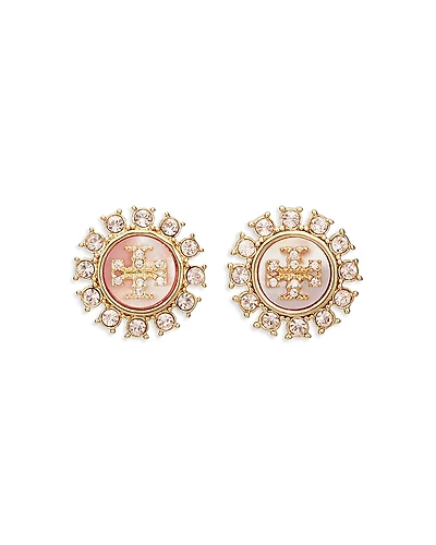 Tory Burch Kira Crystal & Mother Of Pearl Double T Stud Earrings