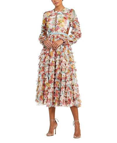 Mac Duggal Long Sleeve Tiered Ruffle Cutout Criss Cross Dress