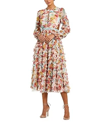 Mac Duggal Long Sleeve Tiered Ruffle Cutout Criss Cross Dress