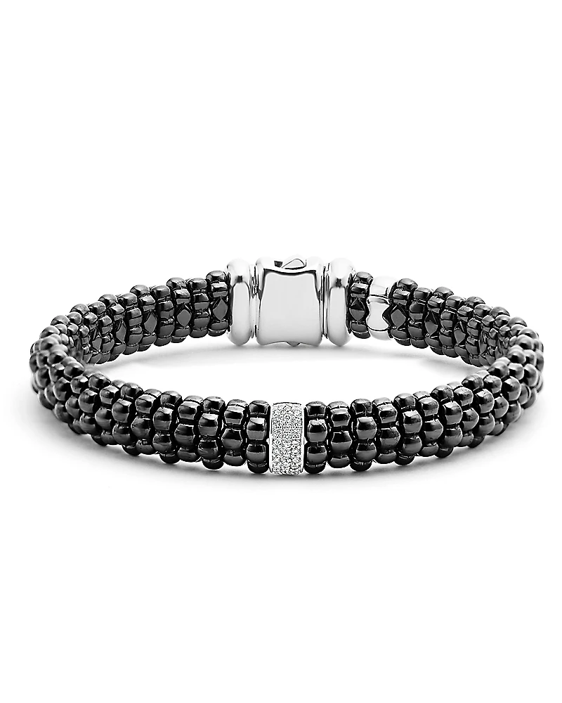 Lagos Black Caviar Ceramic Bracelet with Sterling Silver and 1 Diamond Bar
