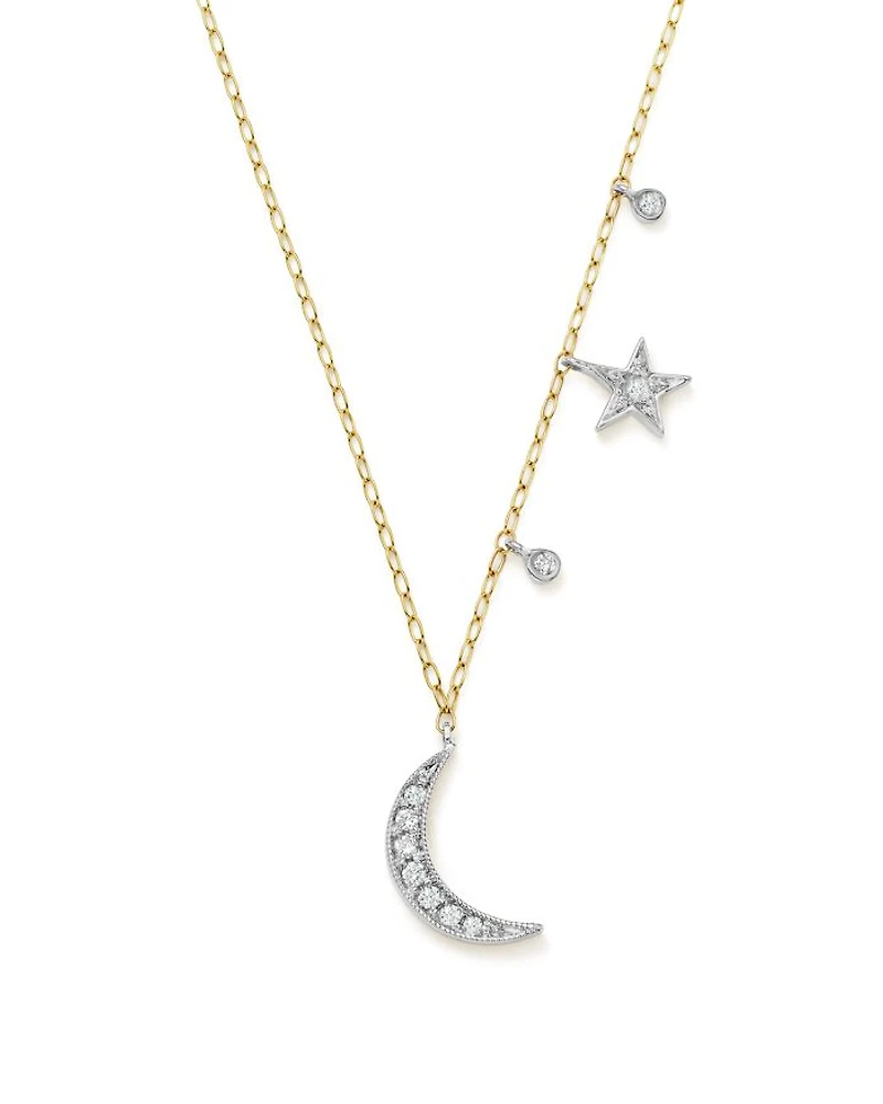 14K White and Yellow Gold Diamond Moon and Star Pendant Necklace, 16"