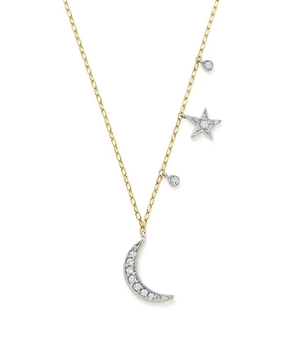 14K White and Yellow Gold Diamond Moon and Star Pendant Necklace, 16"