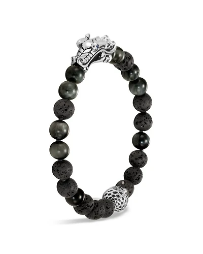 Men's Sterling Silver Legends Naga Black Volcanic Rock Beaded Bracelet with Sapphire Eyes