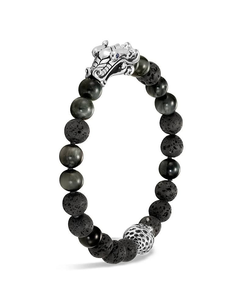 John Hardy Men's Sterling Silver Legends Naga Black Volcanic Rock Beaded Bracelet with Sapphire Eyes