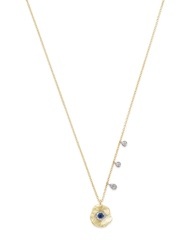 14K White & Yellow Gold Evil Eye Sapphire & Diamond Disc Pendant Necklace, 16"