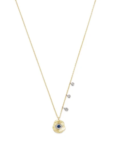 14K White & Yellow Gold Evil Eye Sapphire & Diamond Disc Pendant Necklace, 16"