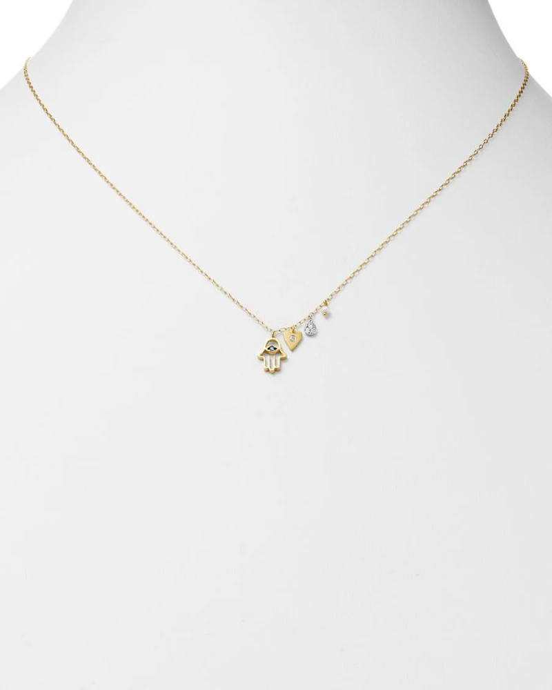 14K Yellow Gold & 14K White Gold Diamond & Cultured Freshwater Seed Pearl Hamsa & Heart Charm Adjustable Pendant Necklace, 18"