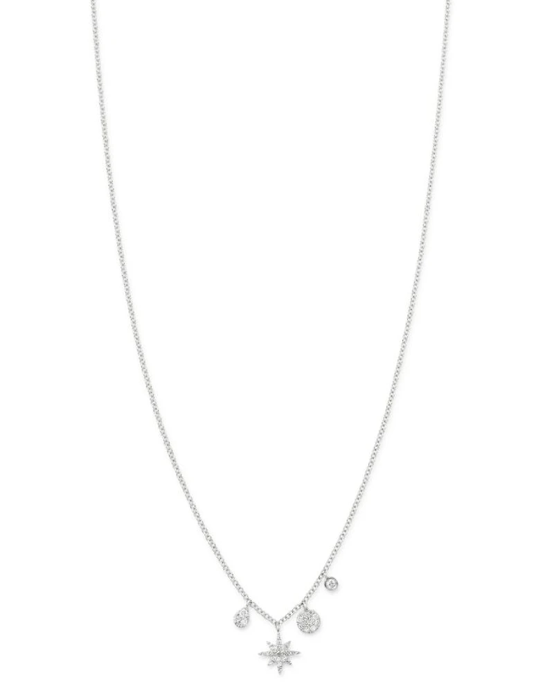 14K White Gold Diamond Starburst Necklace, 18"