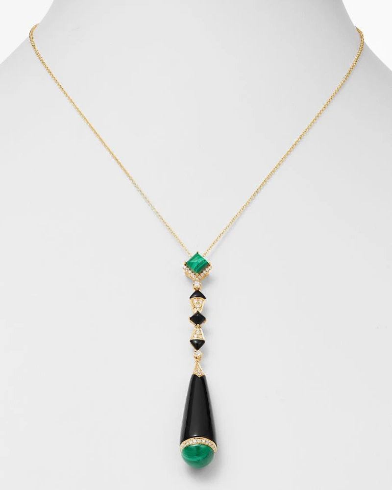 Black Onyx, Malachite & Diamond Pendant Necklace in 18K Yellow Gold, 18"