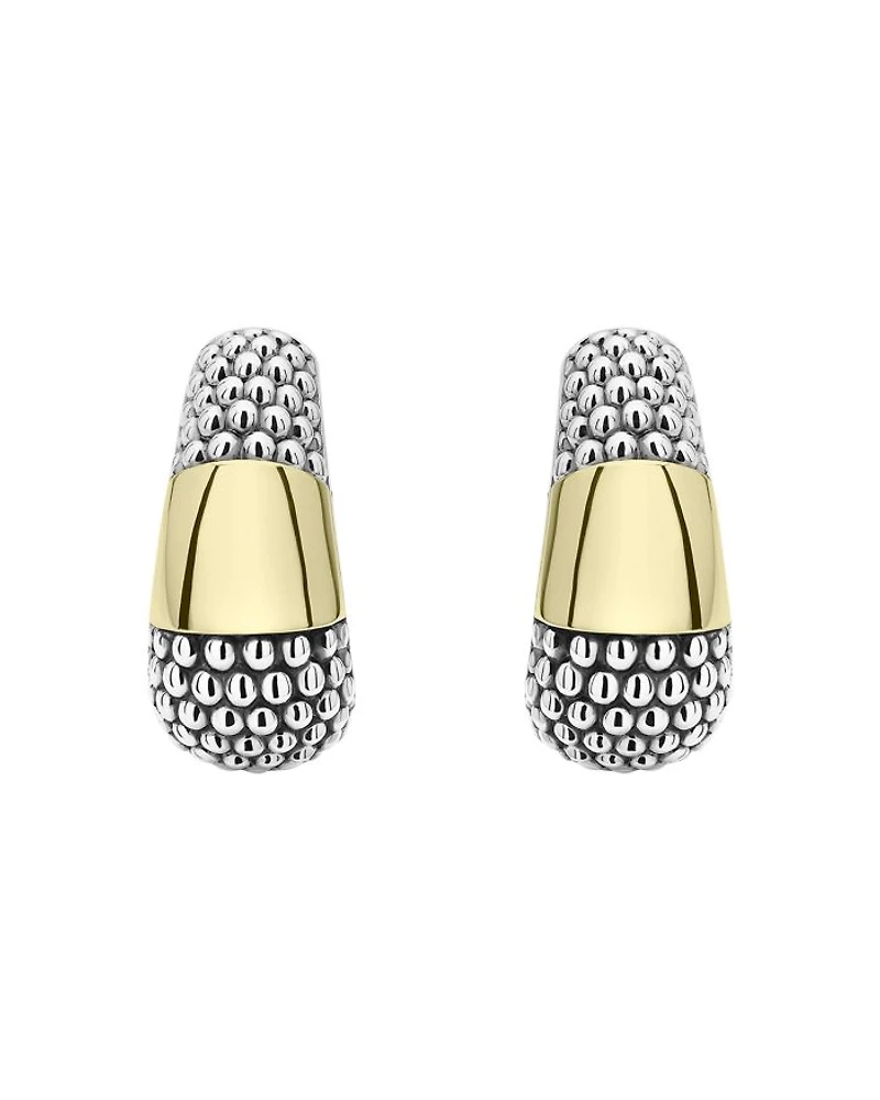 18K Yellow Gold & Sterling Silver High Bar Caviar Huggie Earrings