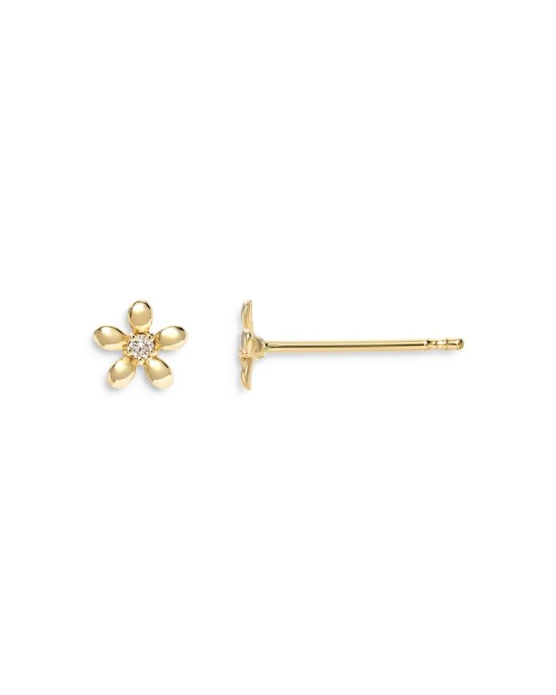 14K Yellow Gold Tiny Diamond Flower Stud Earrings