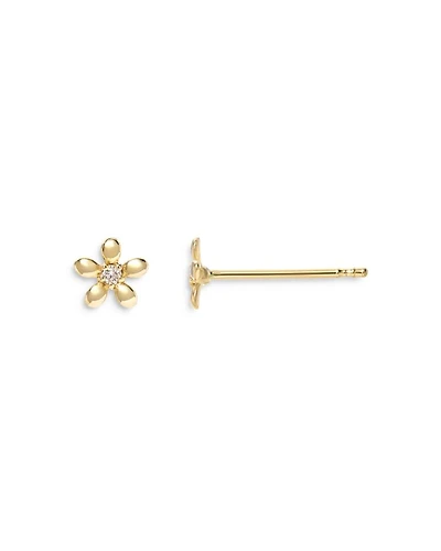 14K Yellow Gold Tiny Diamond Flower Stud Earrings