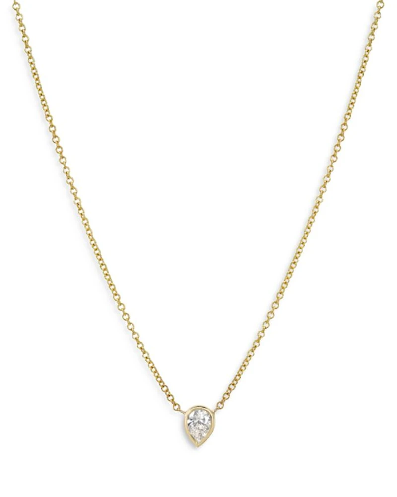 14K Yellow Gold Pear Diamond Bezel Pendant Necklace, 16-18"
