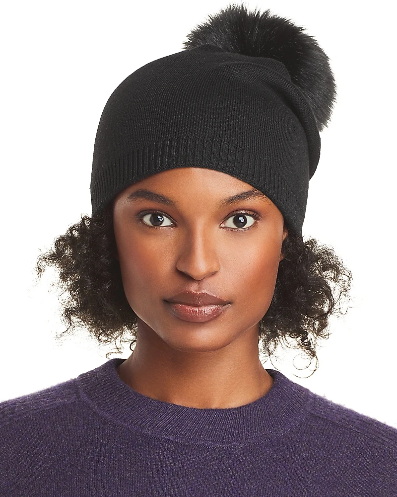 Kyi Cashmere Faux Fur Pom Hat