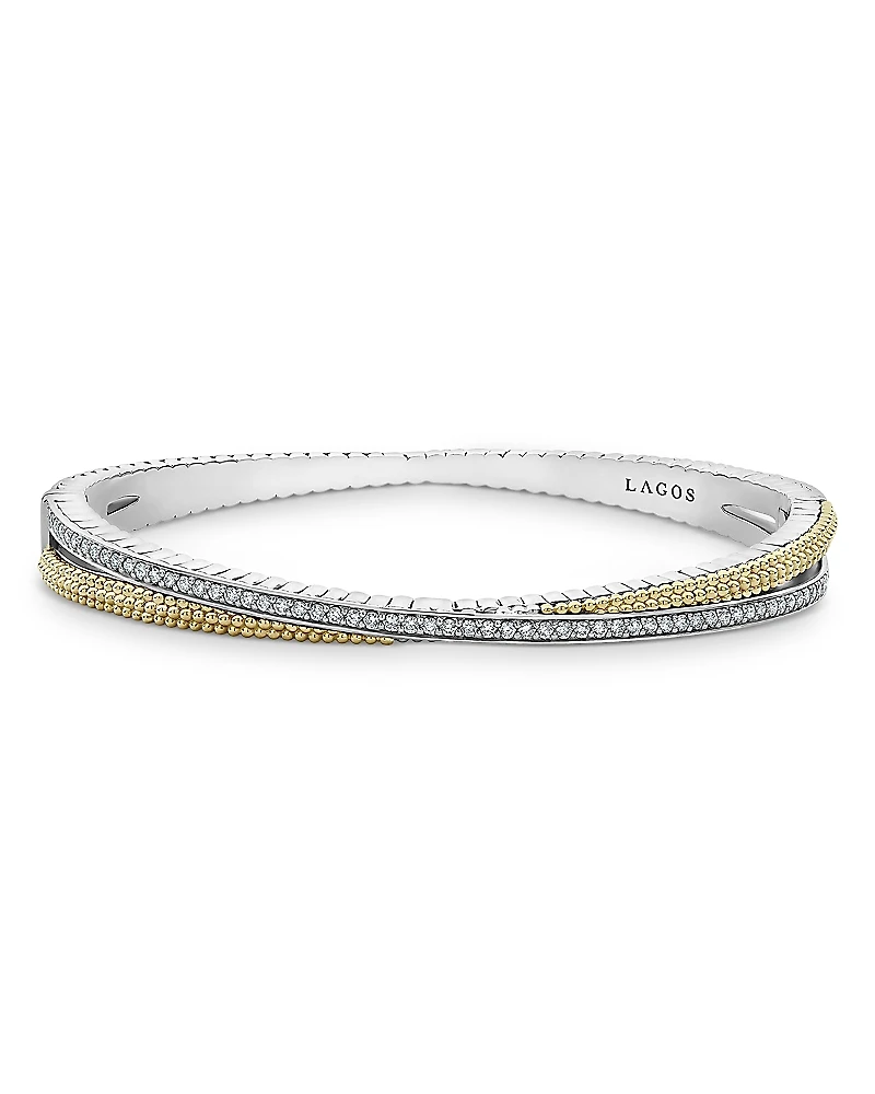 Lagos Sterling Silver & 18K Yellow Gold Caviar Lux Diamond Bangle Bracelet
