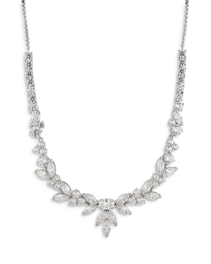 Prima Cubic Zirconia Cluster Statement Necklace in Rhodium Plated, 16"-18"