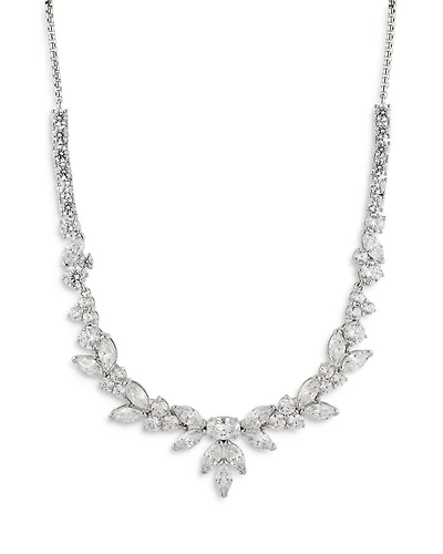 Prima Cubic Zirconia Cluster Statement Necklace in Rhodium Plated, 16"-18"