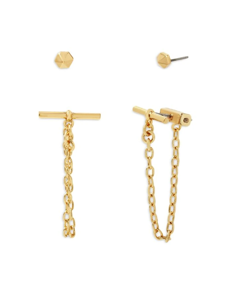 Stud & Toggle Chain Front to Back Earrings in Silver Tone or Gold Tone, Set of 2