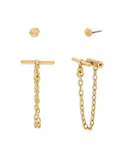Stud & Toggle Chain Front to Back Earrings in Silver Tone or Gold Tone, Set of 2