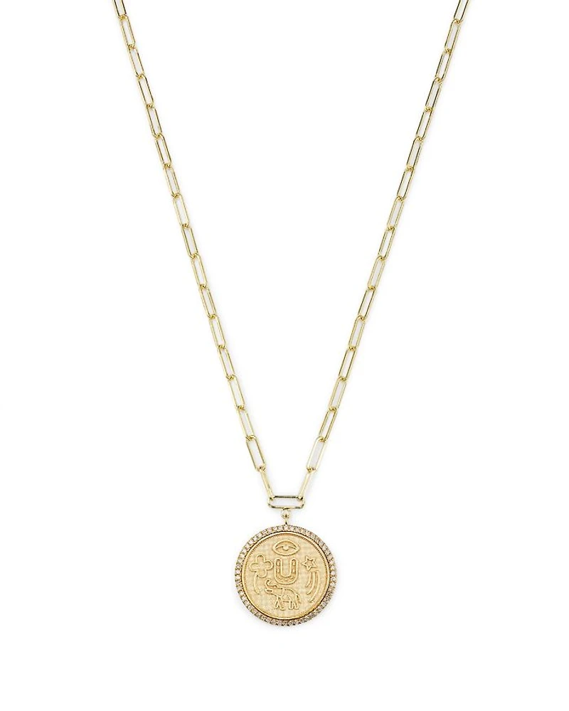 14K Yellow Gold Diamond Coin Charm Necklace, 16"
