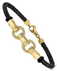 Men's Fancy Link Leather Bracelet in 14K Yellow Gold
