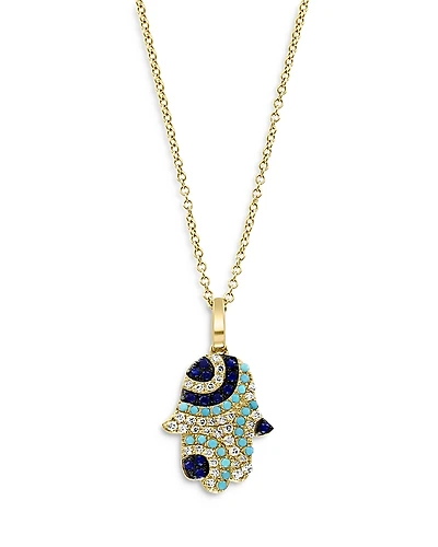 Bloomingdale's Fine Collection Blue Sapphire, Turquoise & Diamond Hamsa Hand Pendant Necklace