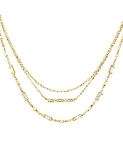 Addison Pavé Bar & Baguette Cubic Zirconia Layered Necklace in 14K Gold Plated, 16"-18"
