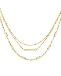 Addison Pavé Bar & Baguette Cubic Zirconia Layered Necklace in 14K Gold Plated, 16"-18"