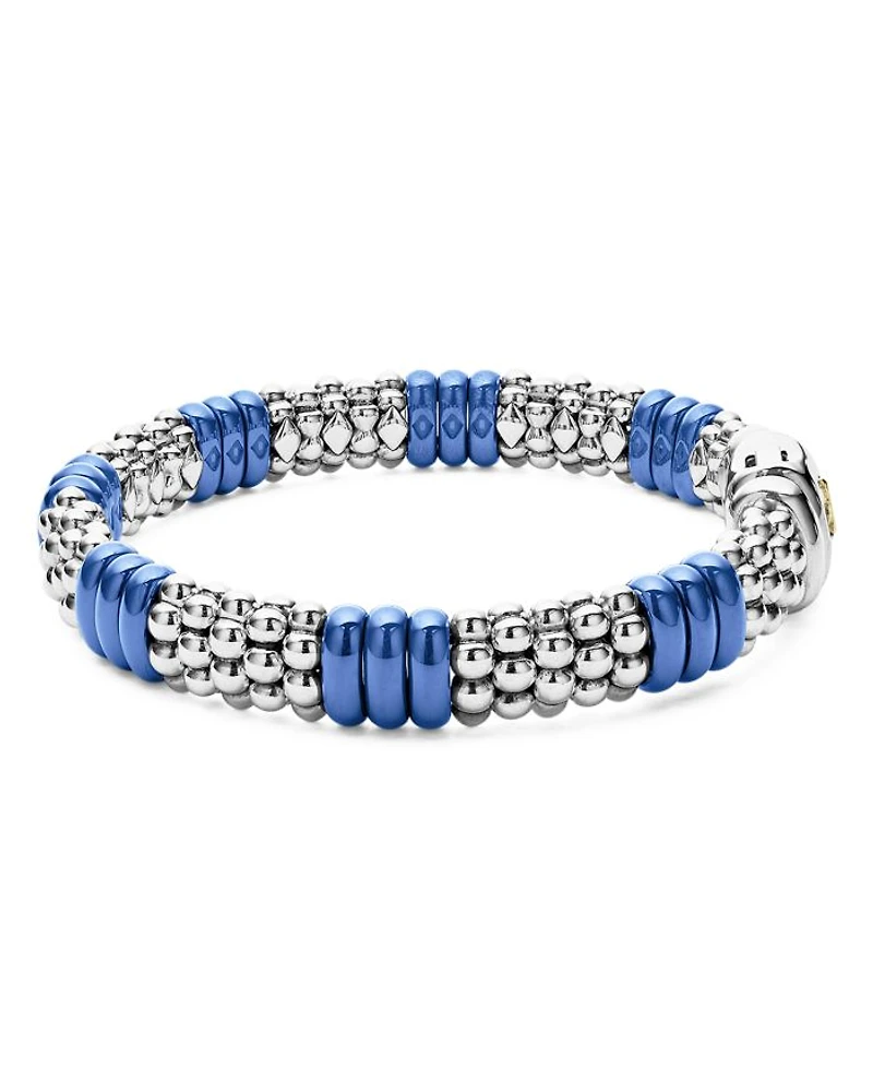 18K Yellow Gold & Sterling Silver Blue Ceramic Rondelle Caviar Bead Statement Bracelets