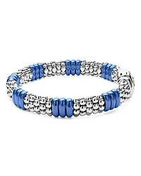 18K Yellow Gold & Sterling Silver Blue Ceramic Rondelle Caviar Bead Statement Bracelets