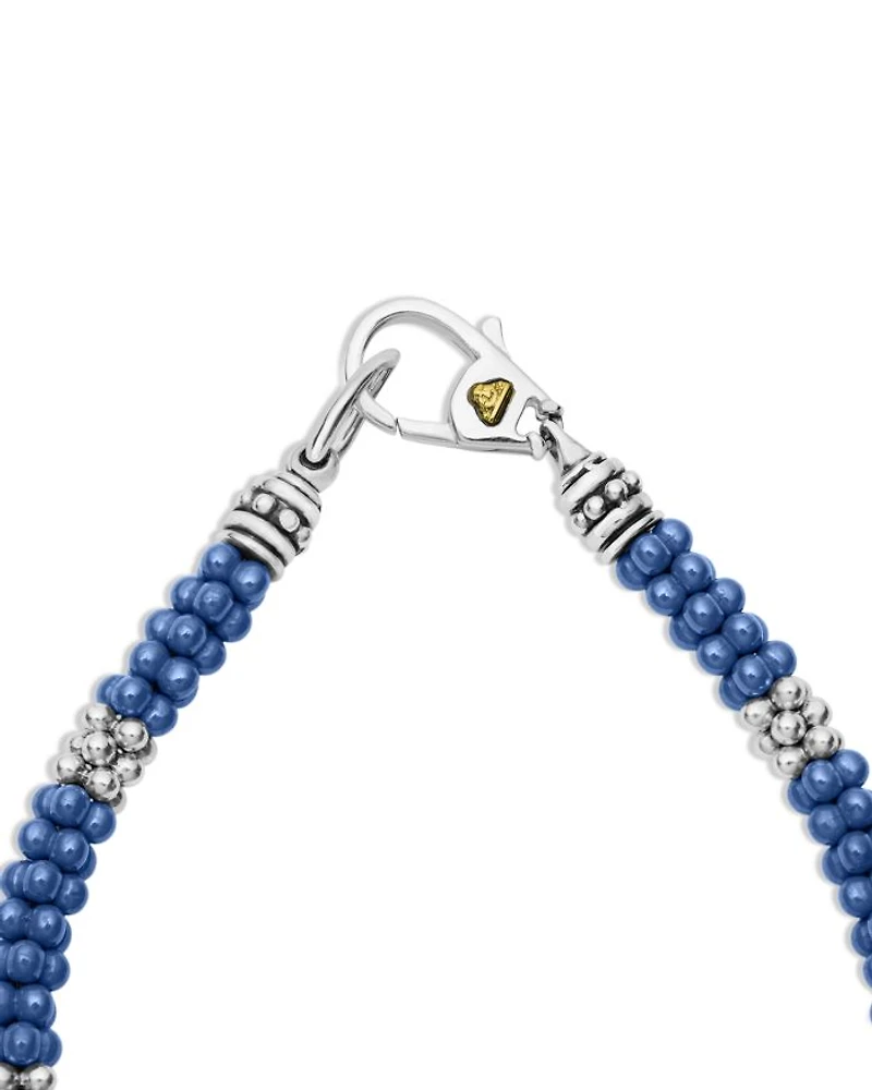 18K Yellow Gold & Sterling Silver Blue Ceramic Caviar Bead Statement Bracelet