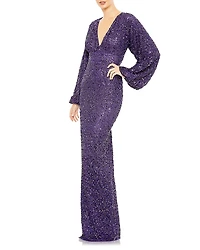 Mac Duggal Sequined Puff Sleeve V Neck Gown