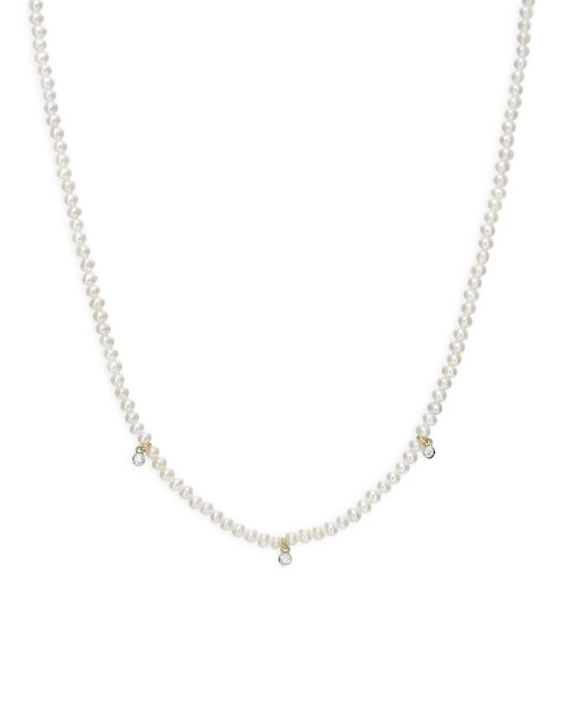 14K Yellow Gold Cultured Freshwater Pearl & Diamond Collar Necklace, 14-16"