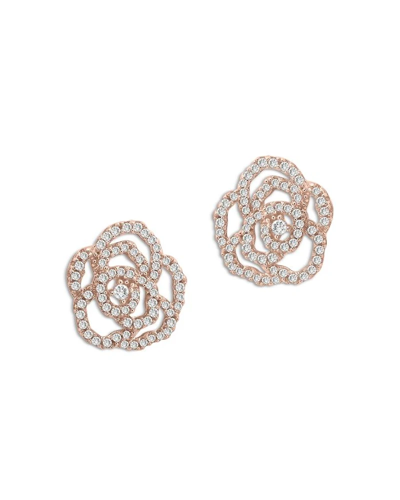 Diamond Rose Flower Earrings in 14K Rose Gold, 0.30 tcw