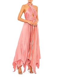 Mac Duggal Pleated Halter Neck Asymmetrical Hem Gown